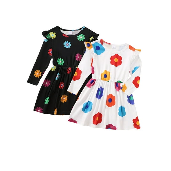 Toddler Kid Girls Floral Print Ruffle Long Sleeve Sun Dress, 2-Packs, Sizes 3T-7Y