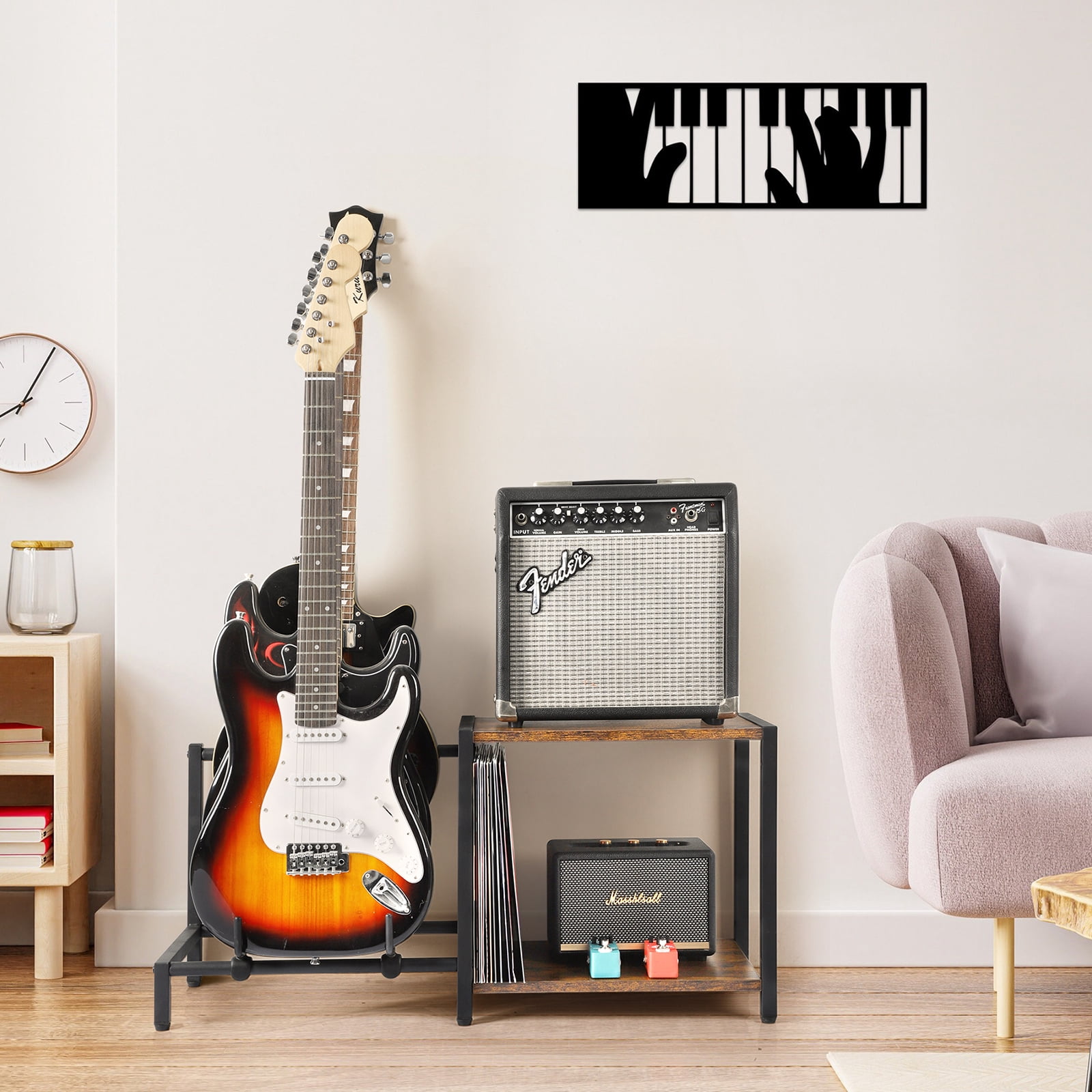 Olakee 3-Piece Floor Guitar Stand with Amp Support, Adjustable for Multiple Electric Guitars and Accessories, Wood & Metal, Black & Brown