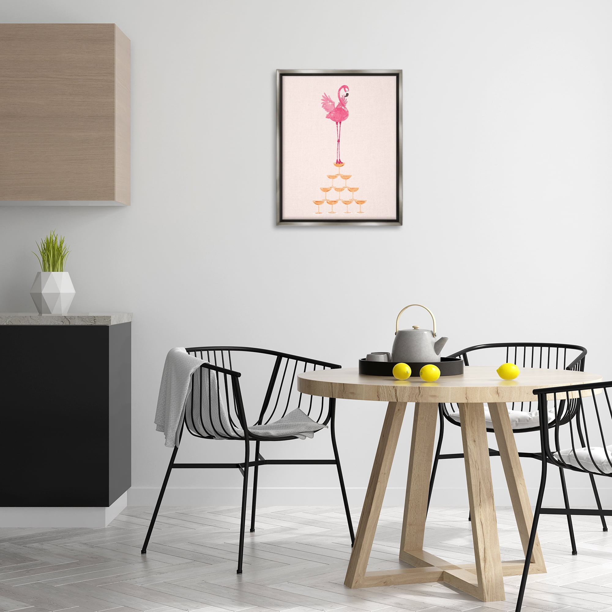 Stupell Industries Balancing Flamingo & Wine Novelty Painting Gray Floater Framed Art Print Wall Art, 17 x 21
