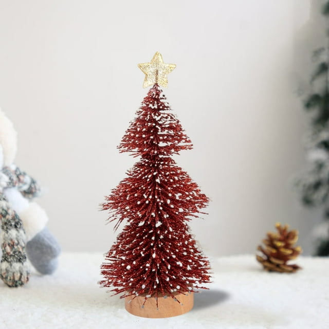 Dvkptbk Mini Bottle Brush Christmas Trees with Wood Base, Artificial Tabletop Small Christmas Tree for Craft, Winter Snow Ornaments for Christmas Home Table Top Party,