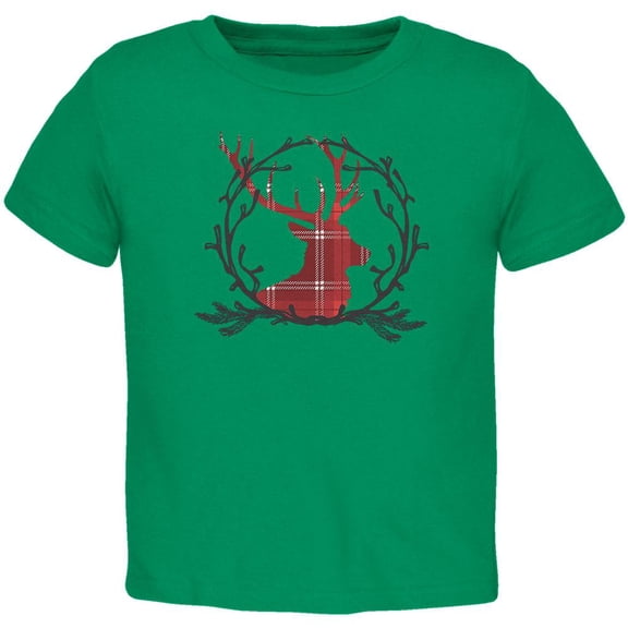 Christmas Buck Deer Antlers Plaid Toddler T Shirt Kelly Green 4T