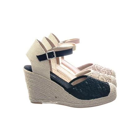 Queena by City Classified, Espadrille Platform Wedge w Floral Crochet Lace w Sequins