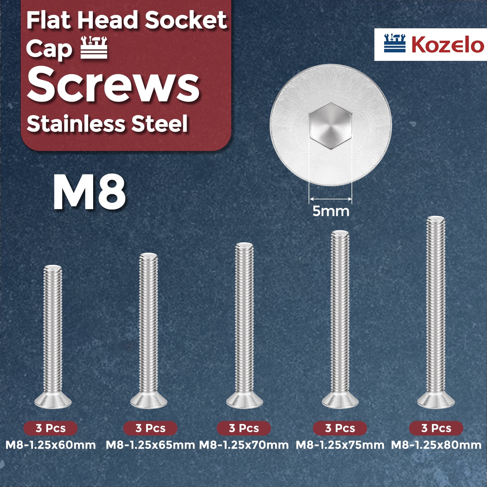 Uxcell 15Pcs Flat Socket Cap Screws - [M8x1.25x60/65/70/75/80], 304 Stainless Steel 18-8 Countersunk Bolt, Silver, for Automotive, Furniture Repair, Industrial Equipment Fixes
