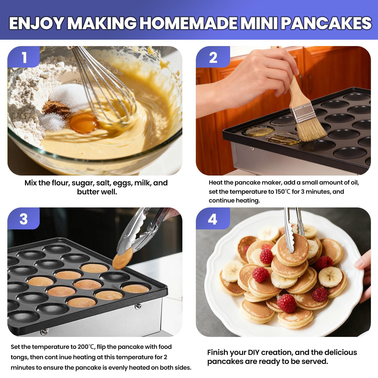 QUHEE Mini Pancake Maker, 25PCS Dutch Muffin Waffle Baker, Non-stick Stainless Steel Grill, Temp & Time Control, for Kitchen and Restaurant