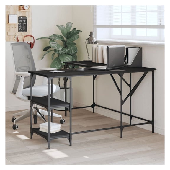 L-Shaped Computer Desk, 54.7" Corner Desk with Adjustable Feet, Black Engineered Wood Home Office Desk