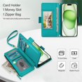 thumbnail image 4 of For iPhone 15 Plus RFID Blocking Wallet Case, Crossbody Purse Phone Case with 9 Card Slots, Zipper Pocket & Detachable Strap,Green,For iPhone 15 Plus, 4 of 9