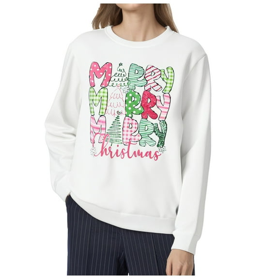Fiaer Christmas Sweatshirts for Women Merry Christmas Shirt Xmas Tree Graphic Oversized Long Sleeve Pullover Loose Fit Crew Neck Tops White XS
