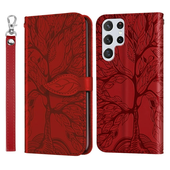 Wallet Case for Samsung Galaxy S23 Ultra Card Slot Holder with Kickstand, Magnetic Flip Purse Case, PU Leather Tree Embossed Pocket Handbag Detachable Lanyard Strap Phone Cover, Red