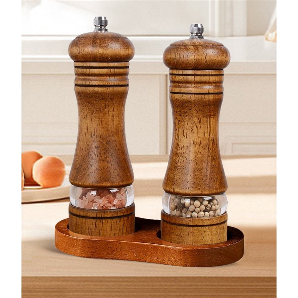 2-Piece Salt and Pepper Grinder Set with Wood Tray, 6 Inch Wooden Salt and Pepper Mills with Adjustable Coarseness, Refillable Manual Pepper Mill Grinder for Home Cooks （vintage color）