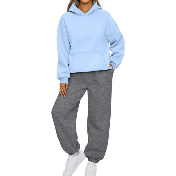 ibuvkizy Sweatsuits Women 2 Piece Outfit!2PCS Outfits Women's Sports Tracksuits Long Sleeve Pullover Hoodies Sweatshirt and Sweatpants Fall Winter Suit Light Blue,M