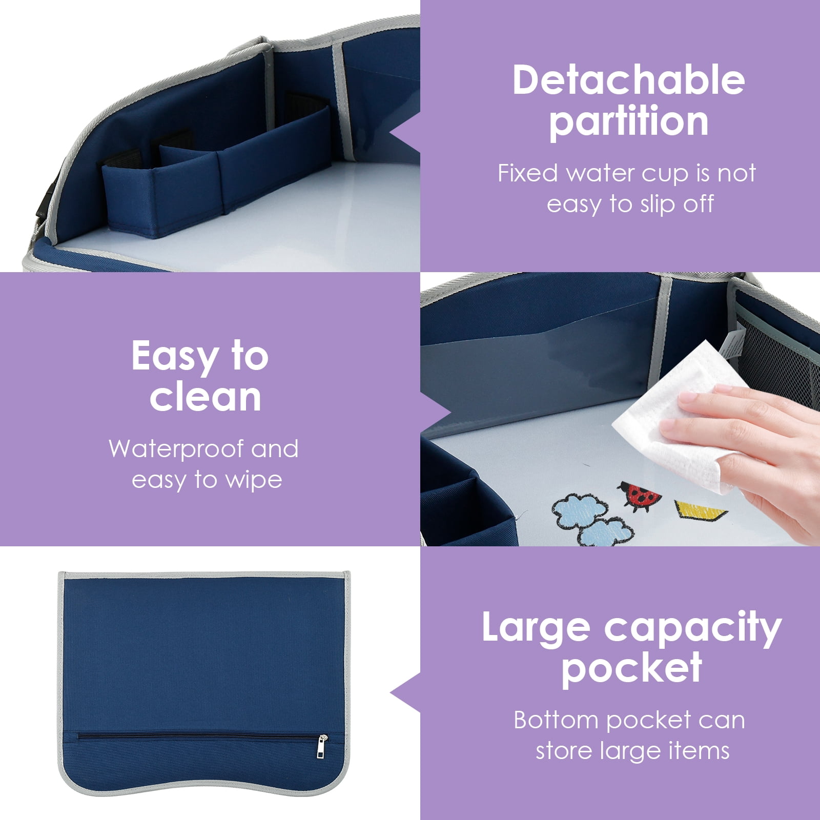Carseat Table Tray for Kids Polyester Made Portable Drawing Board with Padded Shoulder Strap for Road Trip Activities
