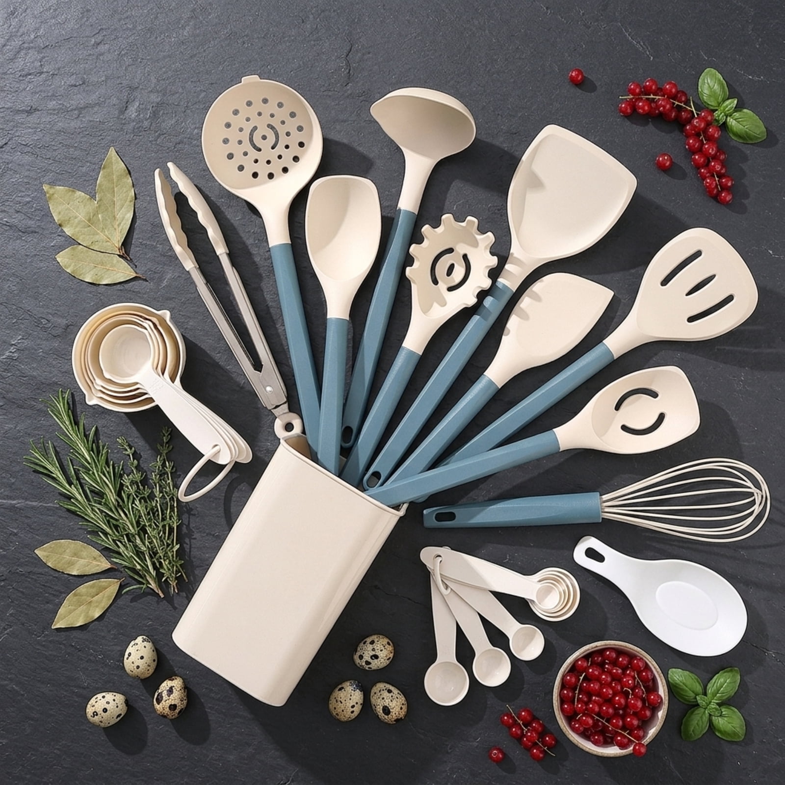 Fenbeli 21-Piece Silicone Kitchen Utensil Set for Nonstick Cookware, Heat-Resistant Cooking Tools with Countertop Holder, Blue