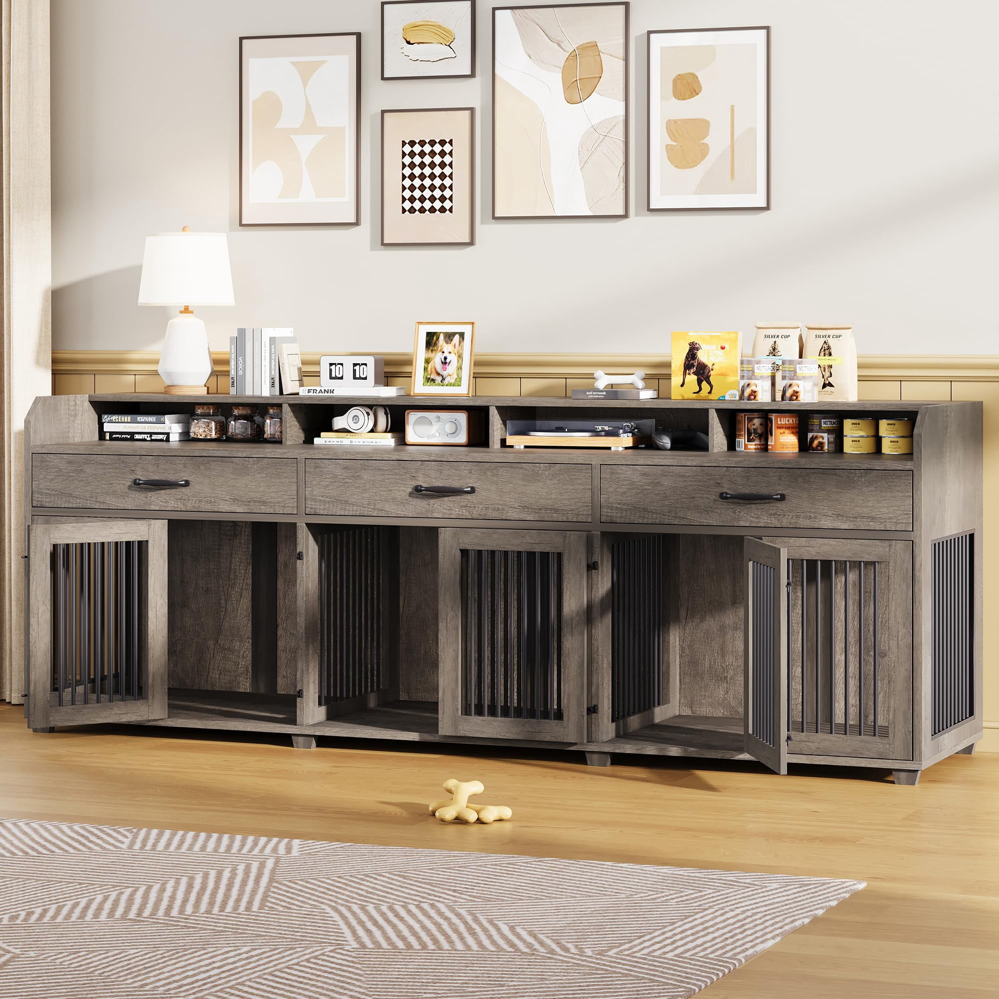 Merluxy 95" Large Dog Crate Furniture with Storage, 3-Room Indoor Wooden Dog Kennel for Large/Medium Dogs, TV Stand & Sideboard, Grey