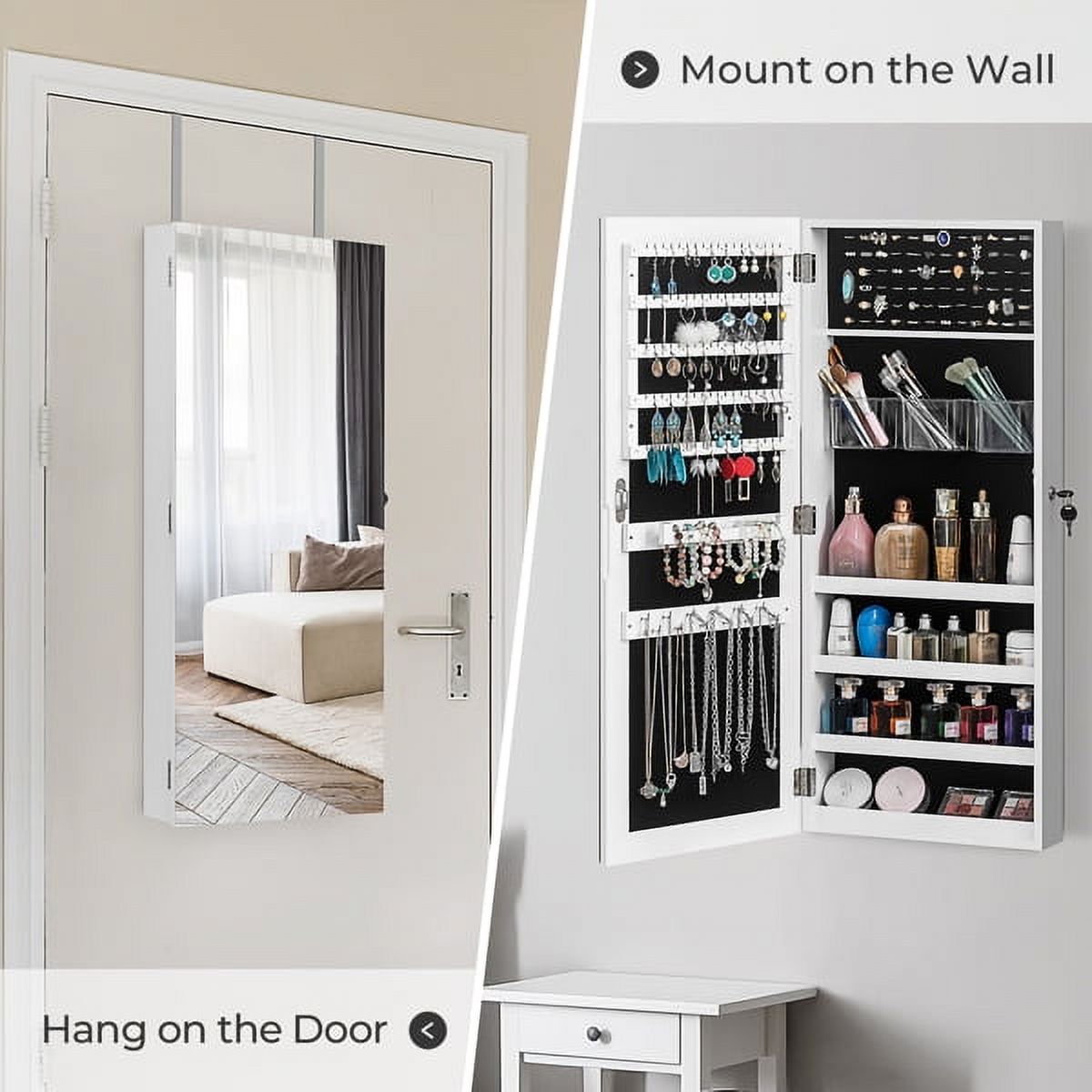 Whole Surface PVC Film Wall-Mounted Jewelry Cabinet With Mirror & Lock Large Storage For Accessories White