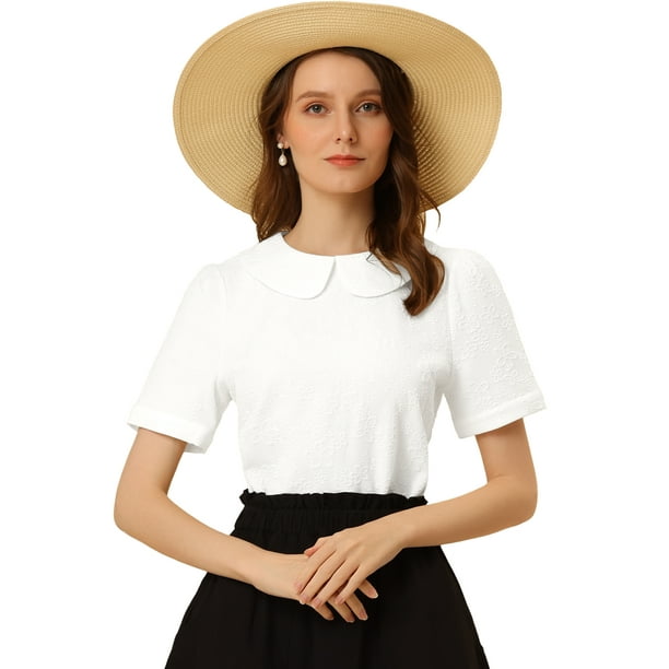Blusa con cuello Peter Pan para mujer Floral Jacquard Puff Manga corta Kawaii Top blanco L