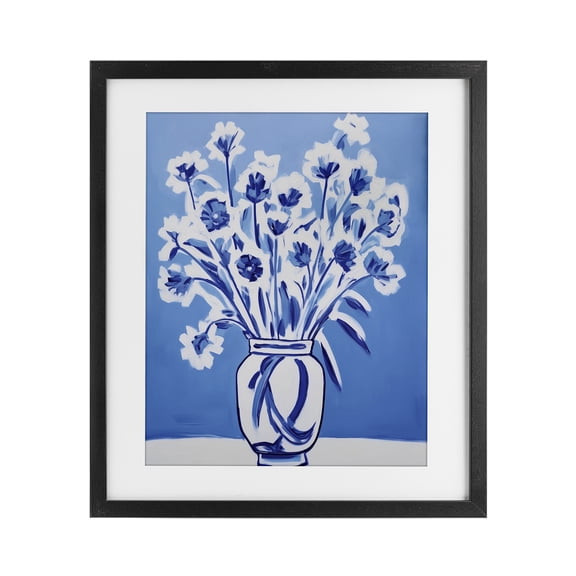 Blue & White Contrast Flowers Black Framed Print Under Glass, design by Lettered and Lined