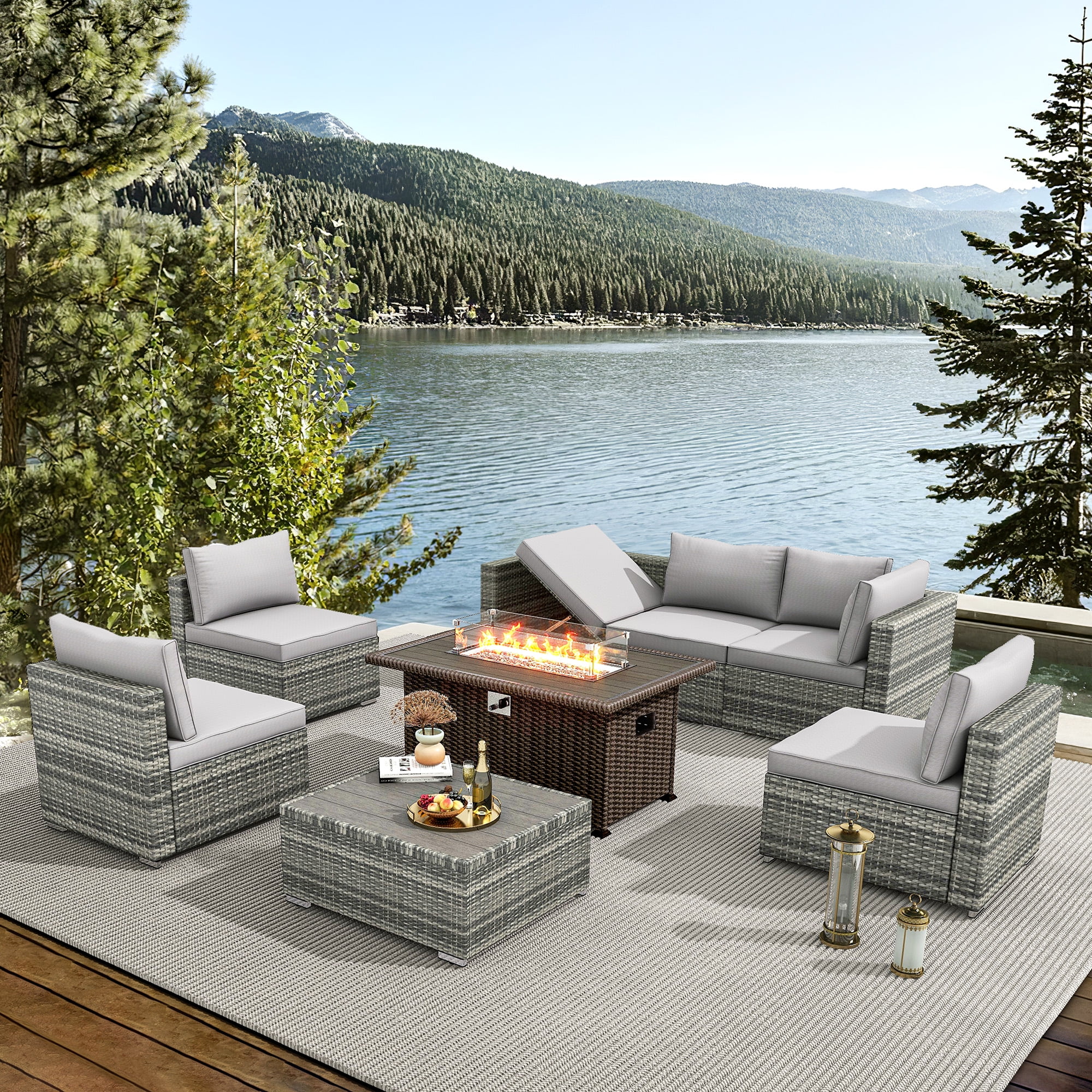 GYUTEI 7 Pieces Outdoor Patio Furniture Set with 44" Propane Fire Pit Table, PE Rattan Sectional Sofa Conversation Set w/Adjustable Bracket,Wood Coffee Table for Backyard (Grey)