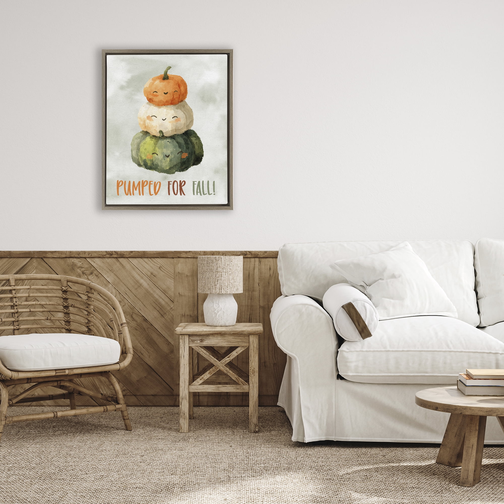 Stupell Industries Smiling Pumpkins Pumped For Fall Brown Framed Floater Canvas Wall Art, design by Ziwei Li