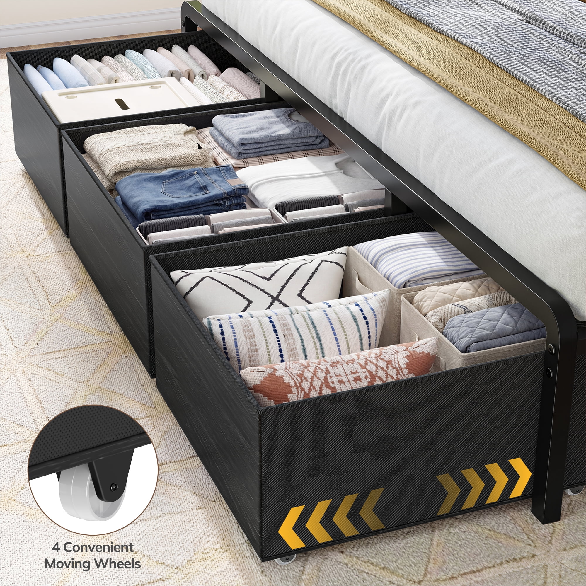 EnHomee Metal Bed Frame with 9 Storage Drawers Metal Bed Frame King with Headboard & LED Light & Charge Station,Black