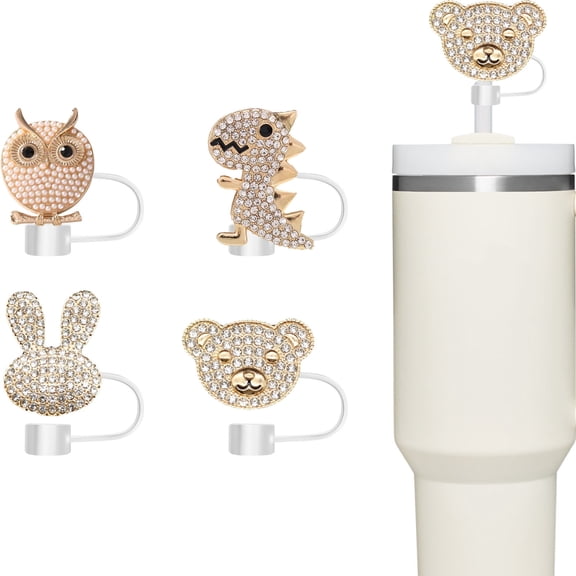 4PCS Bling Diamond Animal Straw Covers for Stanley Cups -Rhinestone Silicone Toppers Accessories Fits 10mm Straws, Reusable Glitter Cup Decorations for 30/40oz Tumblers