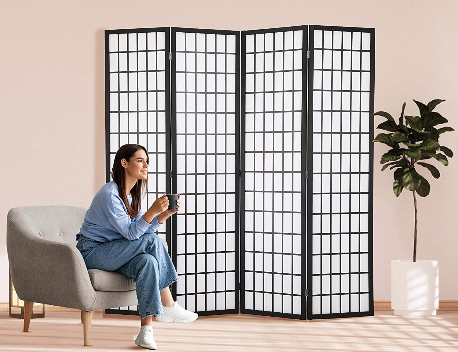 CL.HPAHKL 4 Panel Folding Room Divider, Shoji Style Privacy Screen Wooden Wall Divider
