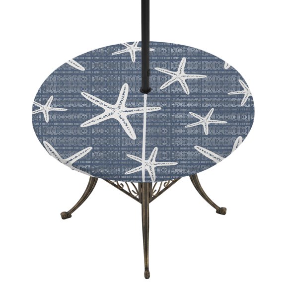 Round Outdoor Tablecloth with Umbrella Hole and Zipper, Dark Blue Starfish Coastal Tablecloth with Elastic Waterproof, Summer Beach Nautical Sea Ocean Patio Table Covers for 55" - 60" Pool Tables