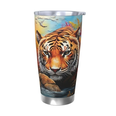 

Salouo Colorful Plant Tiger Print 20oz Tumbler with Lid Stainless Steel Vacuum Insulated Tumbler Durable Insulated Coffee Mug Thermal Cup with Splash Proof Sliding Lid-Without Straw