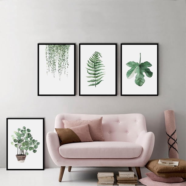 Wekity Póster impreso en lienzo con hojas verdes, diseño de acuarela, vitalidad simple, decoración de dibujo para el hogar, sala de estar, dormitorio, oficina (juego de 4 sin marco,
