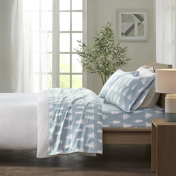 Cozy Flannel Printed Sheet Set - 100% Cotton Flannel, Soft & Warm, Blue Forest Design, Queen/King Size Bedding - Perfect for Winter Nights and Cozy Sleep