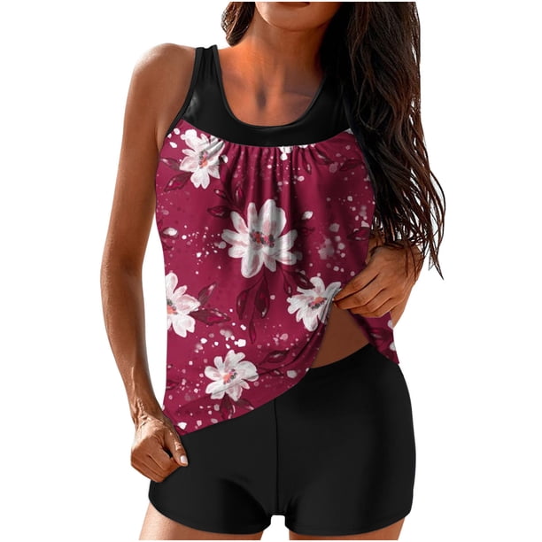 Trajes de Baño de Mujer Más Tamaño Impresión Bowknot Dos Piezas con Pantalones Cortos, Pantalones Cortos de Tamaño Más para las Mujeres