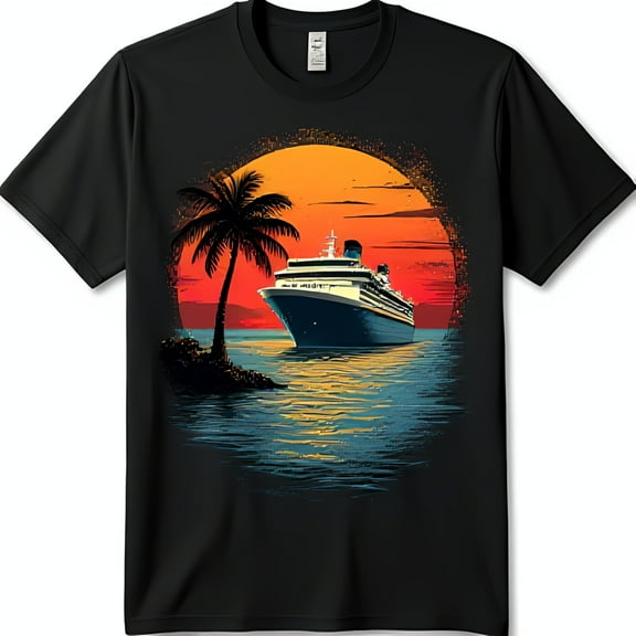 Vintage Black T-Shirt with Tree Island and Cruise Ship Sunset Design