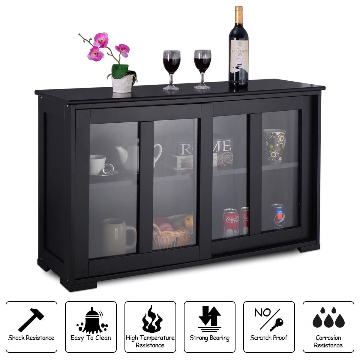 COSTWAY Buffet de Cuisine avec Porte Coulissante en Verre, Meuble Rangement avec 12 Etagères en MDF pour Cuisine Chambre Salon, Noir COSTWAY Buffet de Cuisine avec Porte Coulissante en Verre, Meuble Rangement avec 12 Etagères en MDF pour Cuisine Chambre Salon, Noir