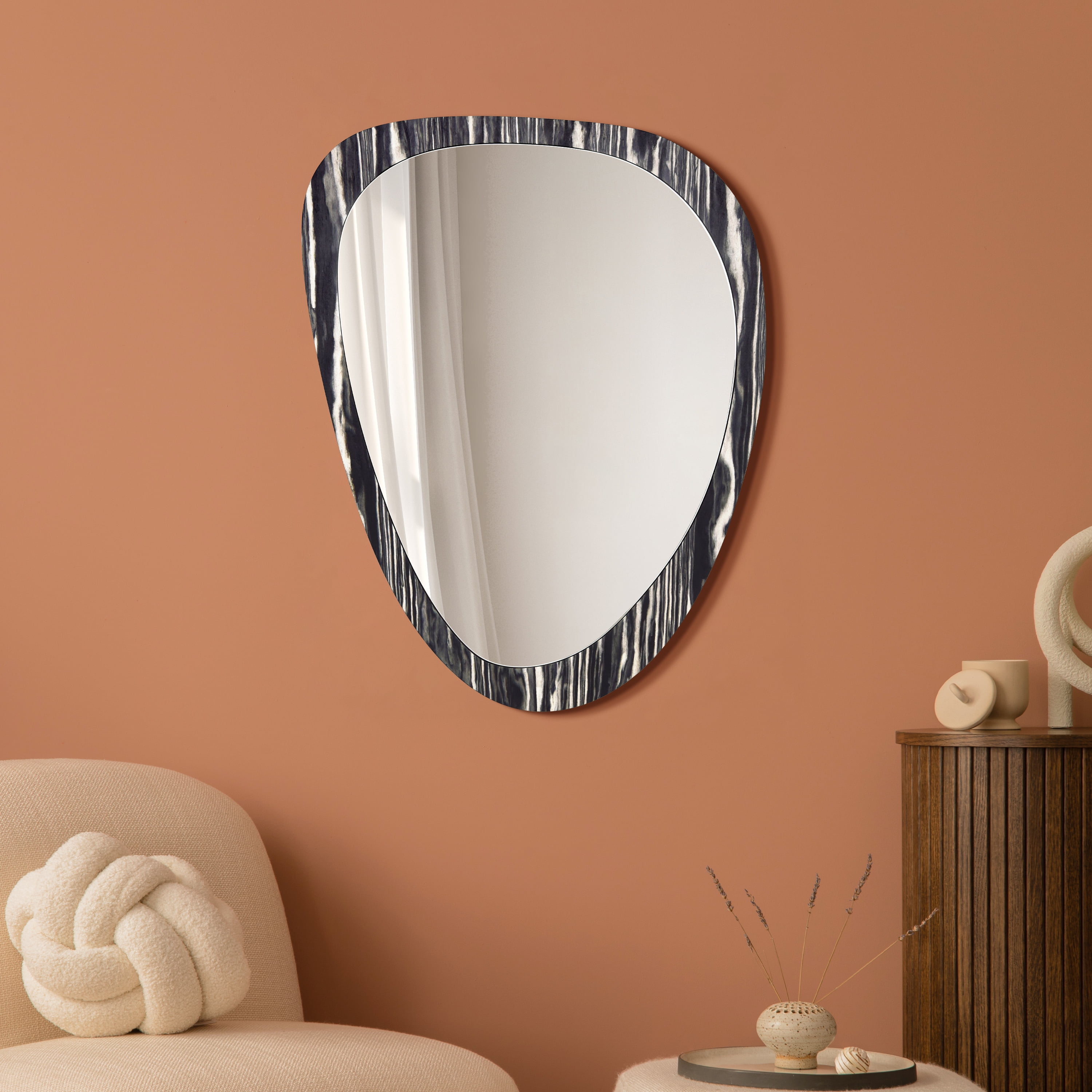 "Contour Harmony Wall Mirror", 35"x27" Irregular Mirror Featuring a 31"x23" Center Mirror, on an Exotica Stained Veneer 2" Frame