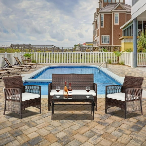 SamyoHome 4 Pieces Outdoor Patio Furniture Sets Rattan Chair Wicker Set
