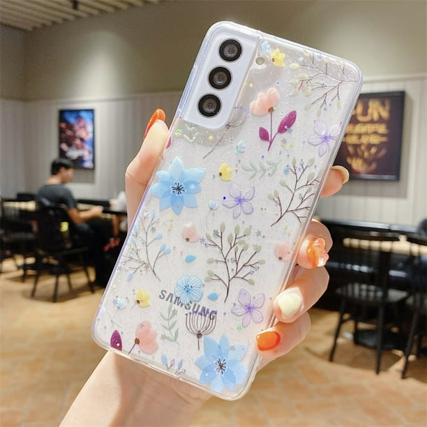 Funda de teléfono con flores de dibujos animados transparente con purpurina para Samsung S23 Ultra S22 S21 S20 Plus FE Note 20 A53 A73 A13 A33 A52 A72 A71, funda blanda Tan Jianjun unisex