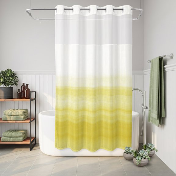 No Hook Shower Curtain Yellow White Waterproof Fabric Shower Curtain Ombre Abstract Hotel Style Bathroom Curtain with See Through Top Window Machine Washable 36x72in