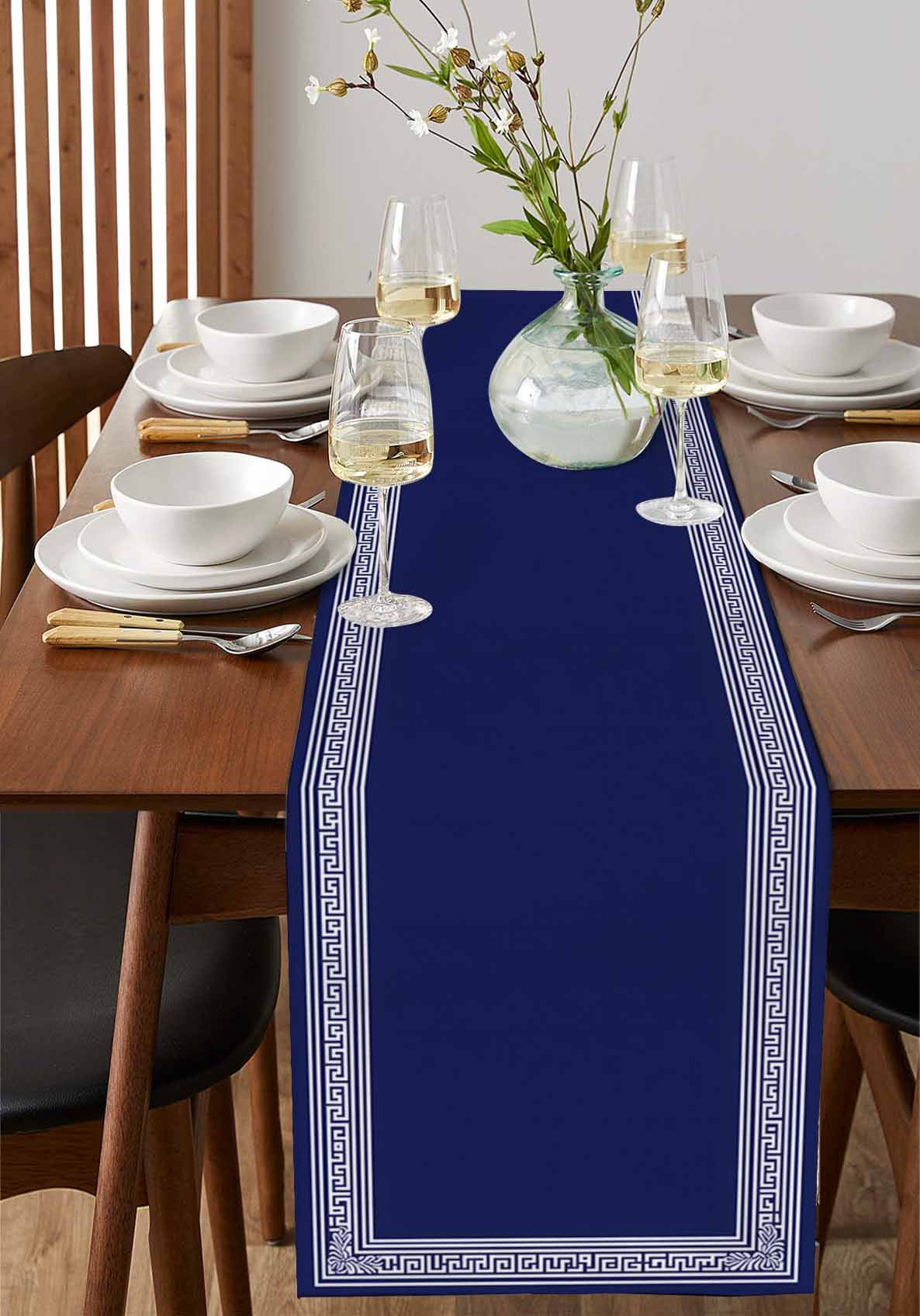 Navy Blue Geometric Burlap Cotton Table Runner 13x108 Inches Long, White Greek Key Farmhouse Farmhouse Table Runners, Outdoor Dining Tablecloths Decor for Baby Shower/Party/Wedding