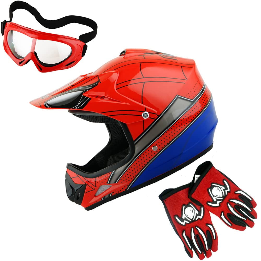 WOW Youth Kids Motocross Helmet BMX MX ATV Dirt Bike Helmet Spider Red Goggles MG Youth Red Glove Bundle