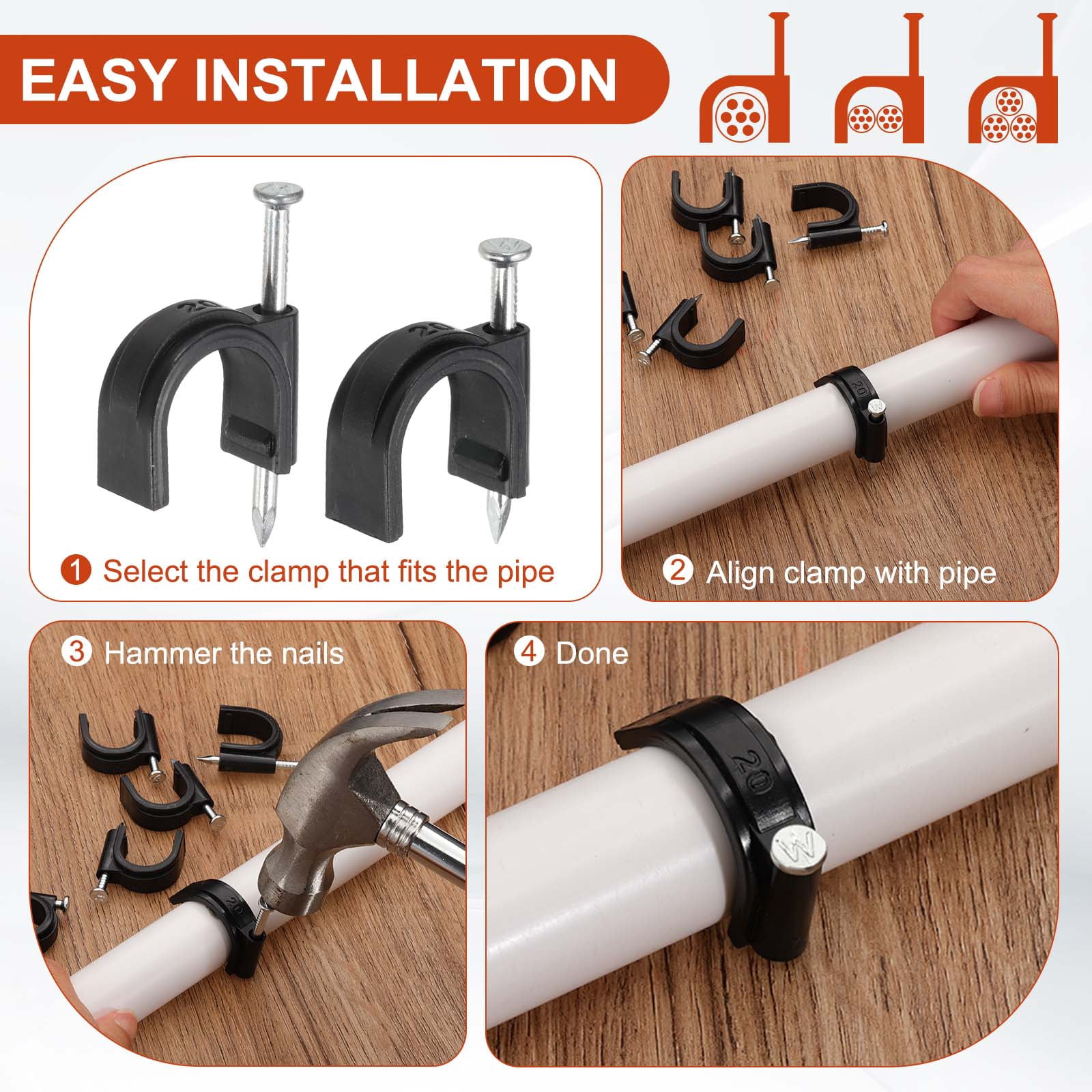 3/4 Inch Half Clamp J-Hook with Nail Pex Pipe Fixture, White, 35mm Nail, 210 Pack