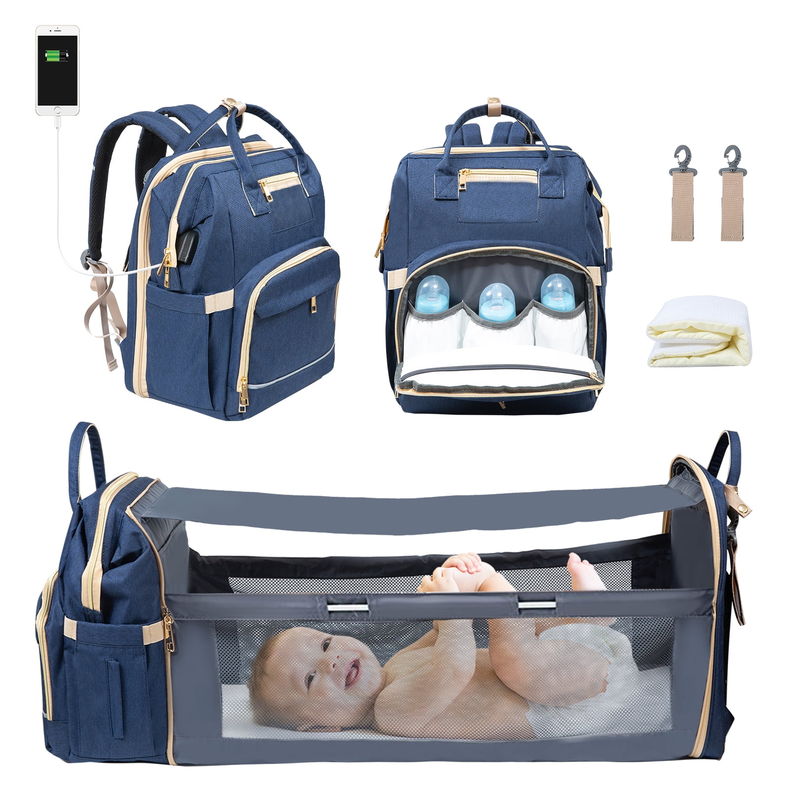 3 in 1 Travel Diaper Bag for Baby Bag + Crib + USB Green Foldable Diaper Crib Portable Diaper Bag with Bassinet Diaper Bag with Changing Station 