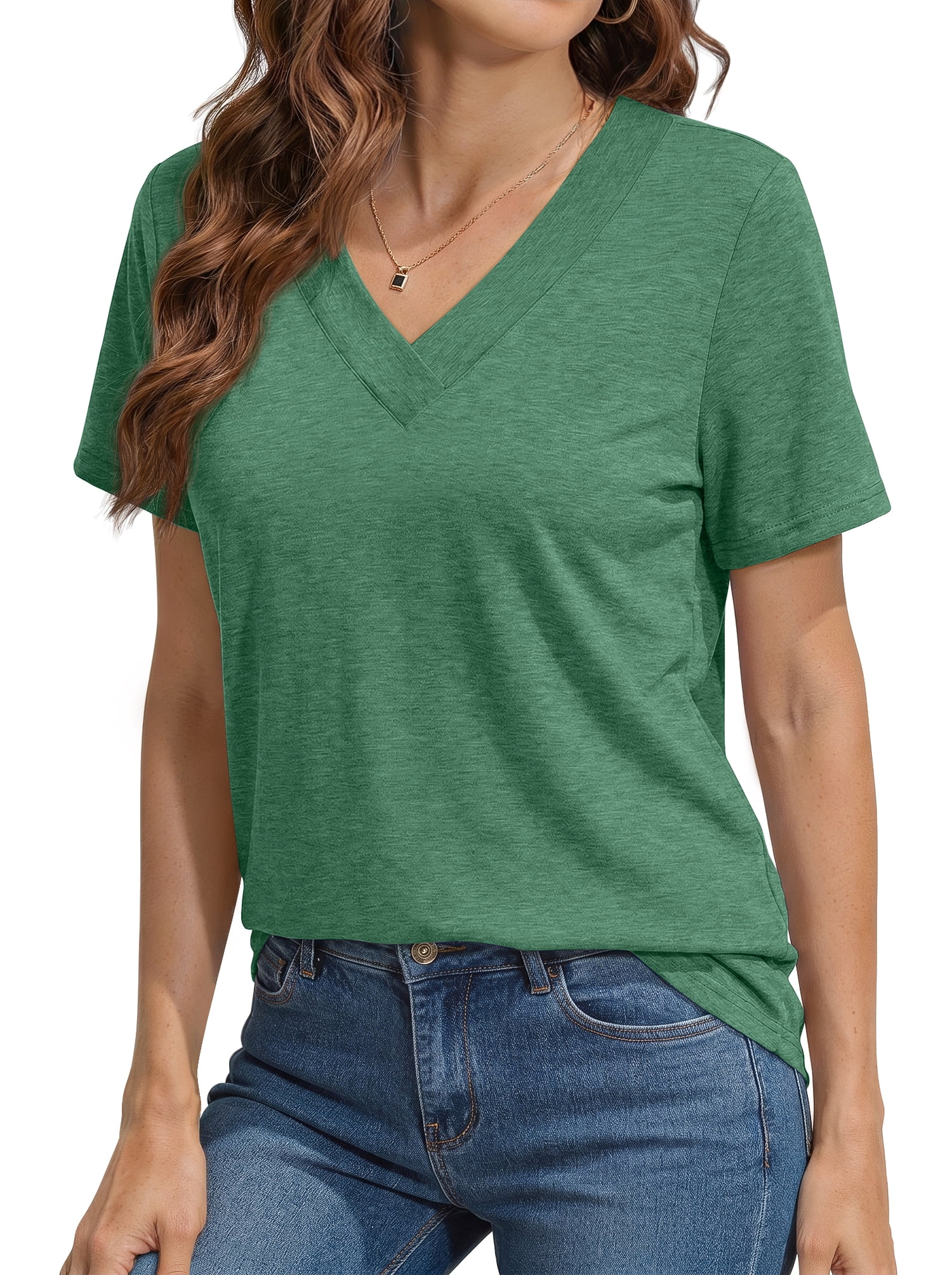 MOSHU Deep V Neck Womens Tops Curved Hem Shirts for Women Fashion Trendy Blouses Casual Loose Fit Tees Tops
