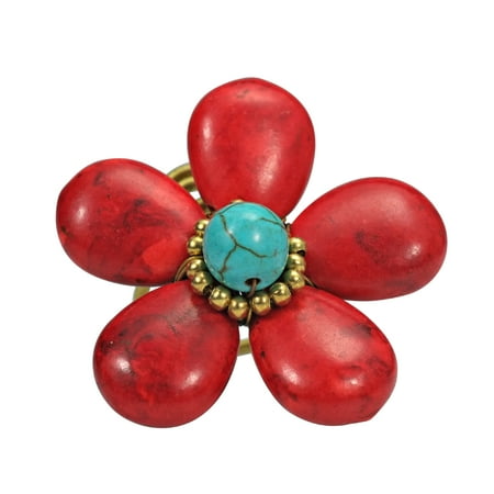 Red Coral Turquoise Ring - Tropical Elegance Red Coral & Simulated Turquoise Flower Statement Ring