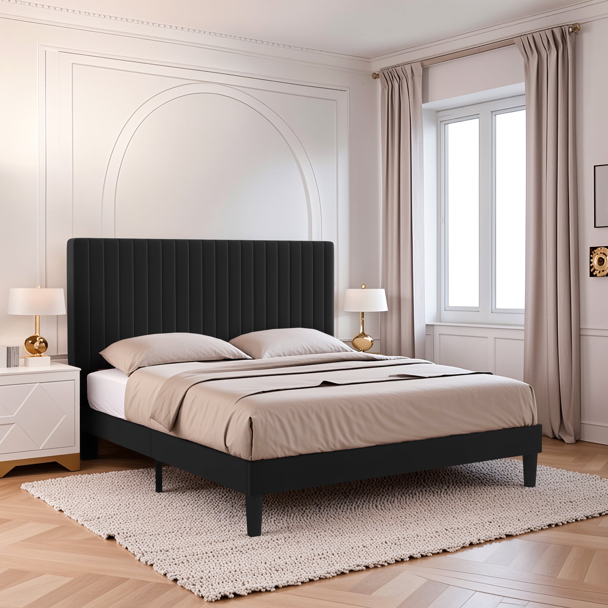 Einfach Queen Size Platform Bed Frame with Upholstered Adjustable Velvet Vertical Tufted Headboard, Black