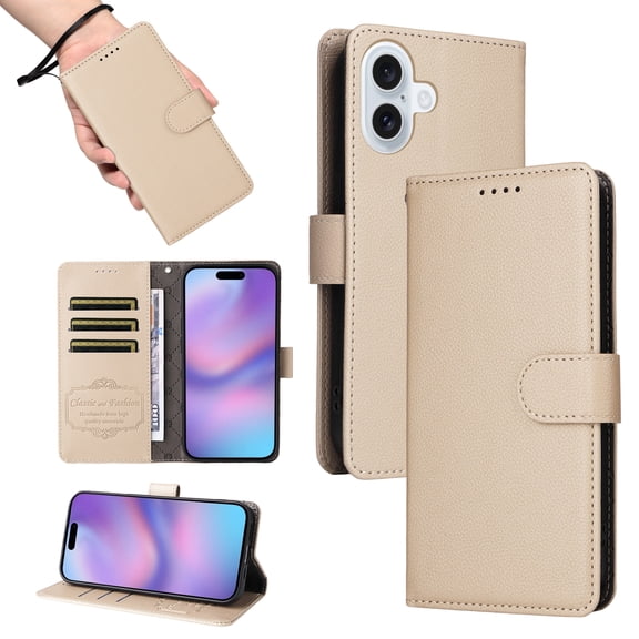 Allytechgroup Wallet Case for iPhone 17 with Lanyard, PU Leather Protective Rugged with Card Holder RFID Blocking Non-Slip Anti-Fingerprint Shockproof Bumper for iPhone 17, Beige