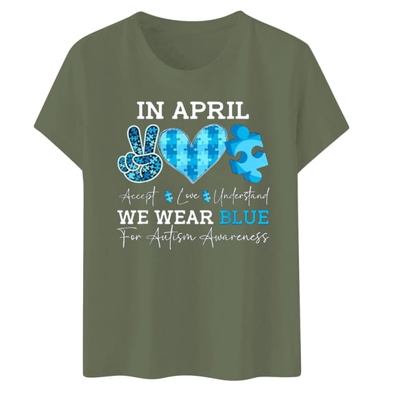 in April We Wear Blue Autism Awareness Women Autism T-Shirt (Army Green,L)