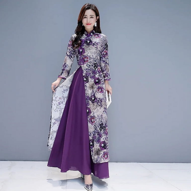 purple cheongsam dress Young Improved Purple Cheongsam Lotus Leaf Sleeve Floral Slim Dress