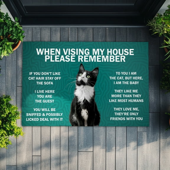 Funny Tuxedo Cat Doormat – Welcome Mat with Humorous “When Visiting My House Please Remember” Message, Ideal for Cat Lovers and Guests