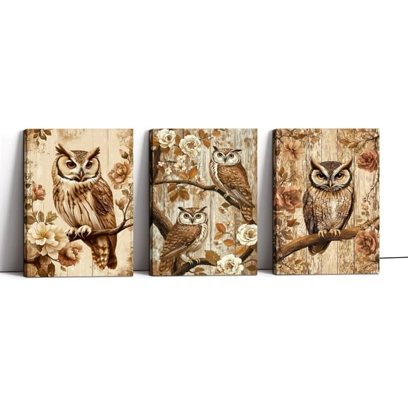 Large 3 Panels Owl Canvas Wall Art Brown Vintage Birds on Branch Picture Flowers Painting Rustic Posters for Living Room Kitchen Farmhouse Home Decor Framed - 24"x36"x3P