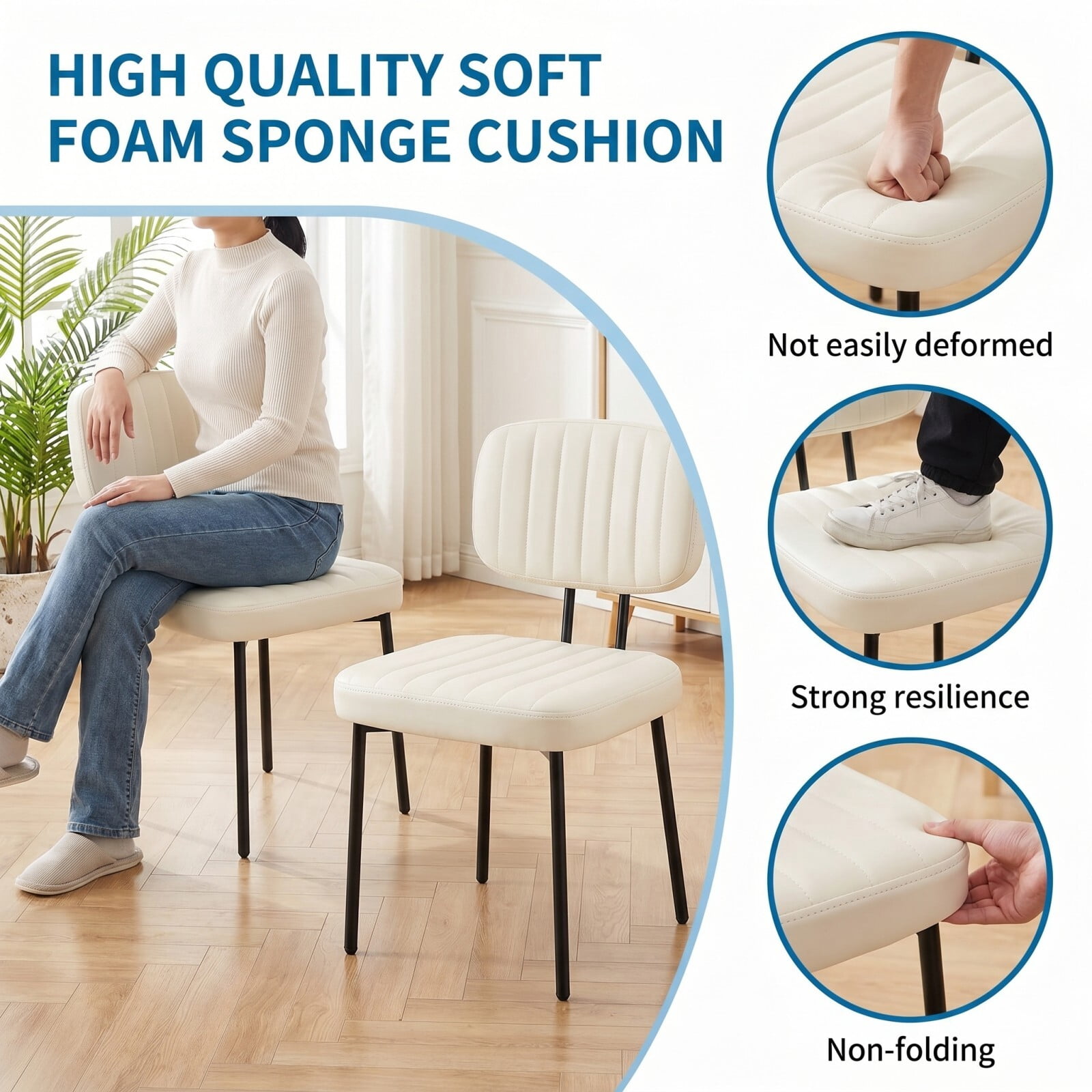 Kelno Upholstered Dining Chair Set of 2 Waterproof Faux Leather Kitchen Chairs with Ergonomic Back Support, Beige