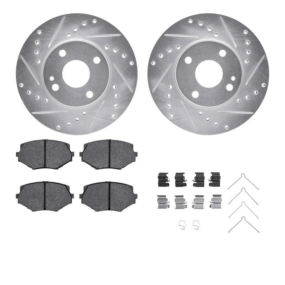Dynamic Friction Company Front Brake Rotors-Drilled and Slotted-Silver with 5000 Advanced Brake Pads includes Hardware 7512-80021